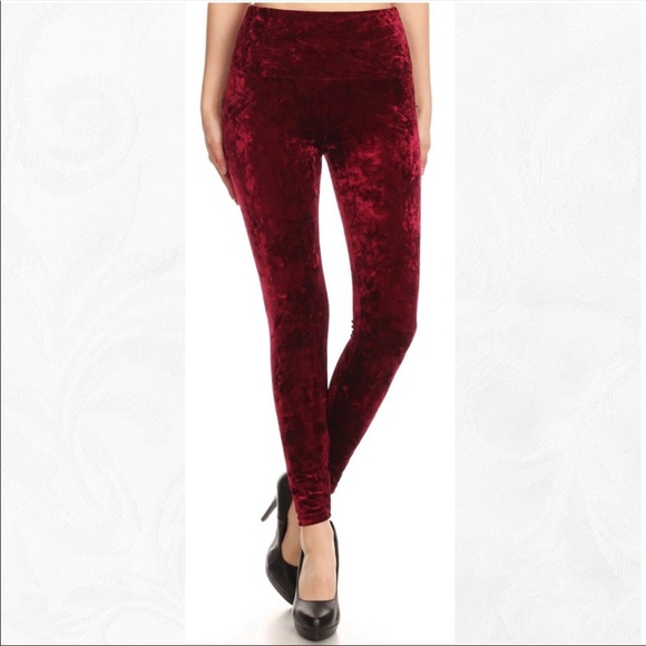 Pants - Crushed Red Velvet High-Waisted Leggings